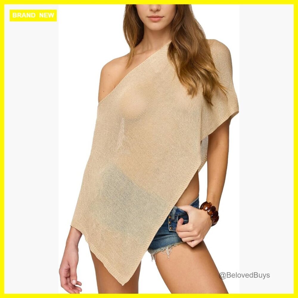 One Shoulder Asymmetric Knit Shrug Pullover Sweater Sheer Mesh Blouse